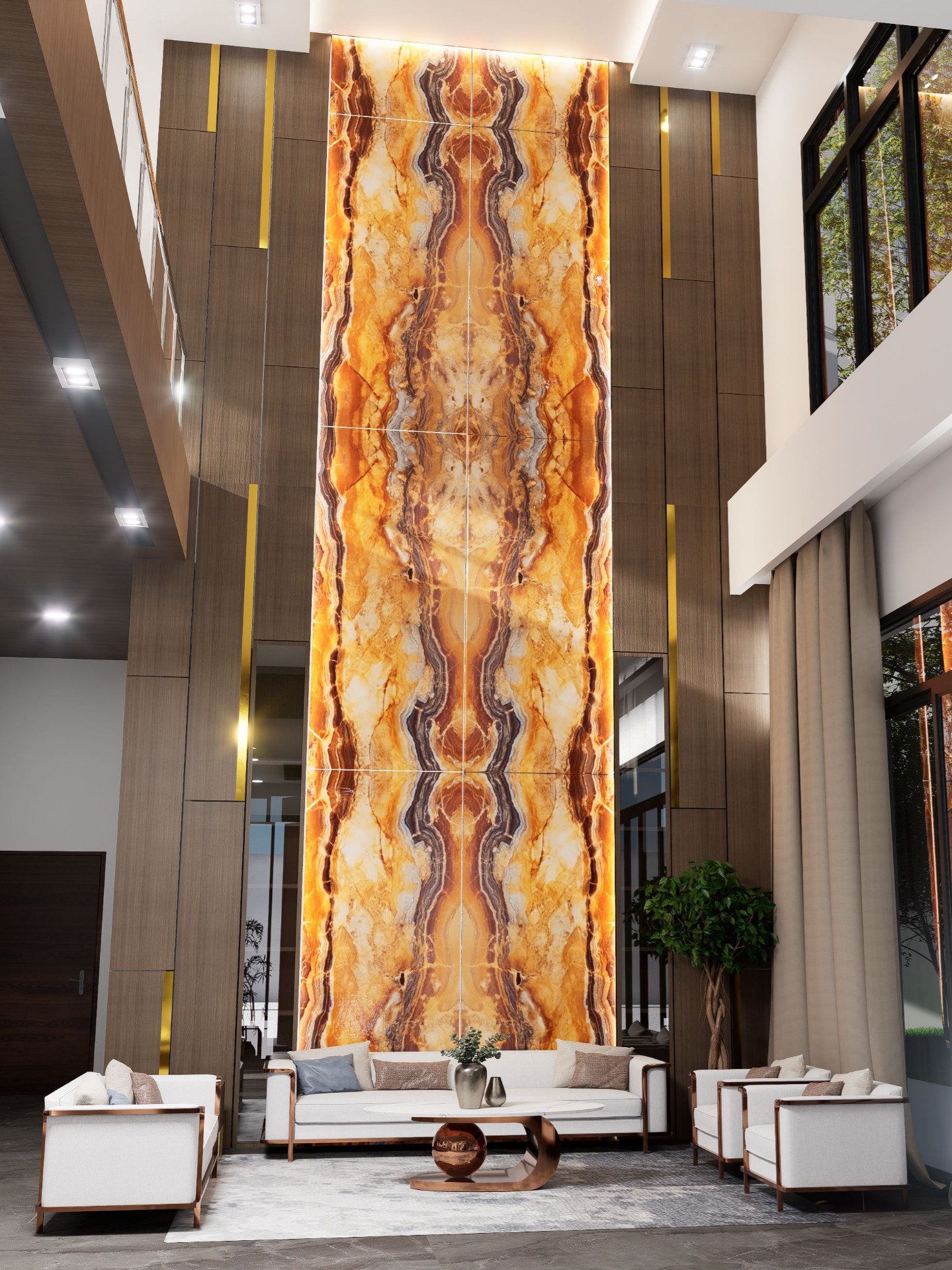 Backlit onyx feature wall in a lobby