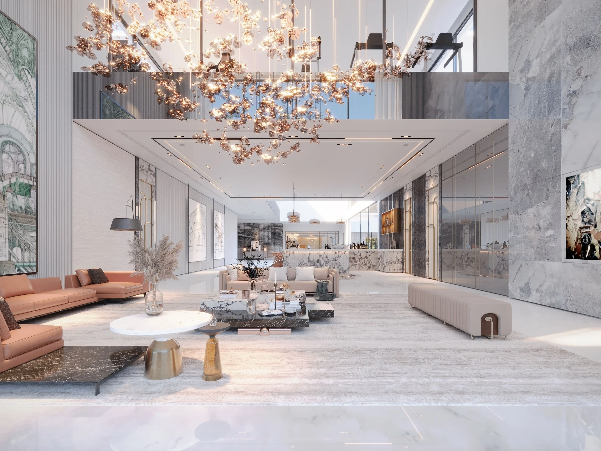 Grand luxury lobby with cascading crystal chandelier