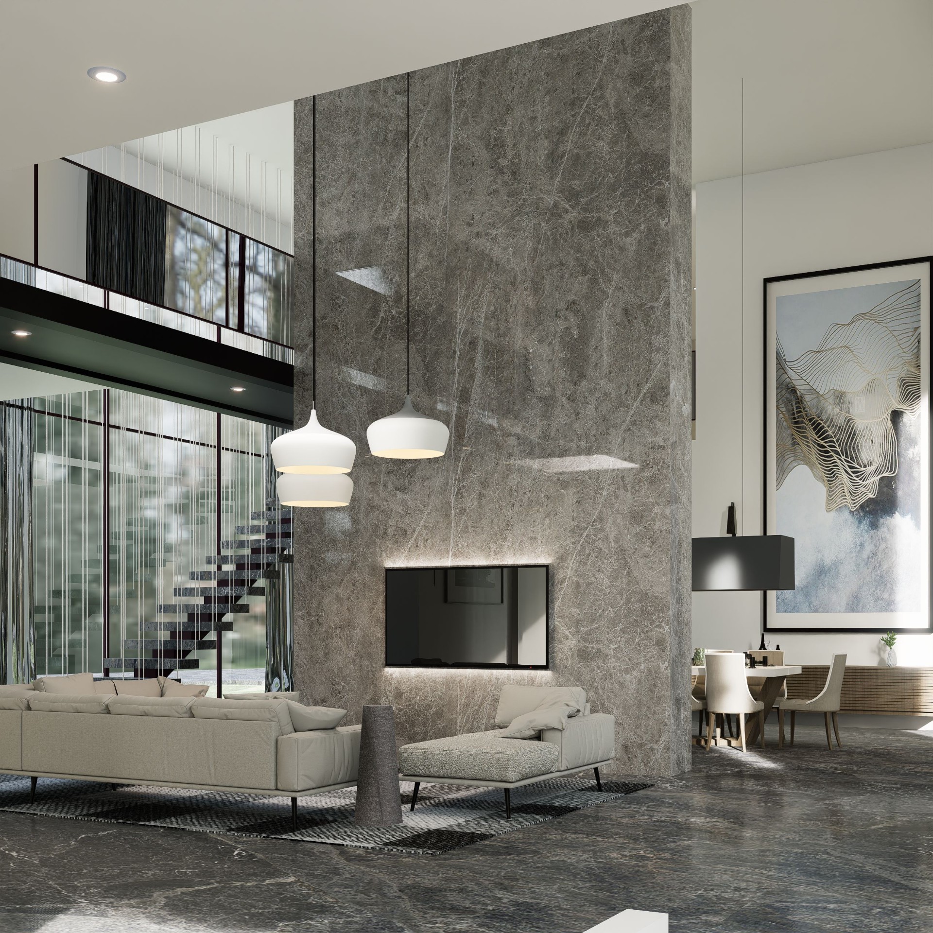 Modern great room with marble fireplace
